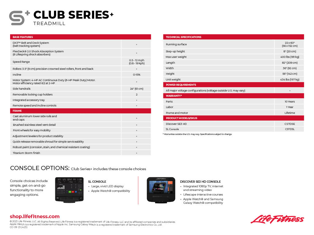 Life Fitness Club Plus Treadmill w/ SL Console, Black - Discontinued Version - Discontinued